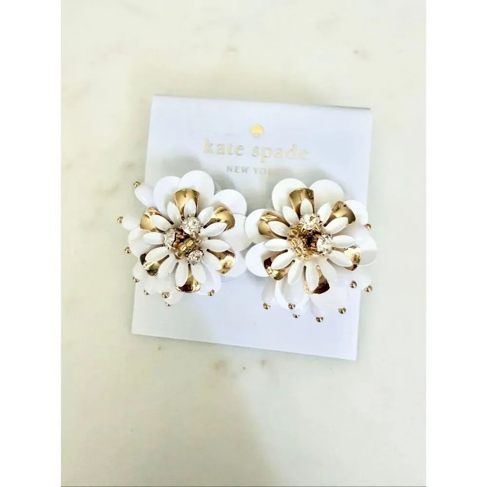 Kate Spade White Enamel Floral Statement Stud Earrings Gold Tone Crystal Daisy